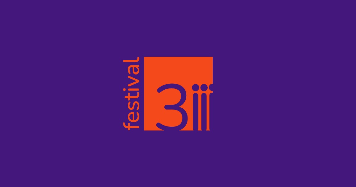 Imagem com fundo roxo mostra, no centro, a logo do Festival 3i em laranja