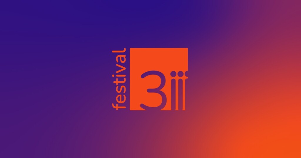 Imagem com fundo degradê roxo e laranja e o logo do festival 3i em destaque centralizado